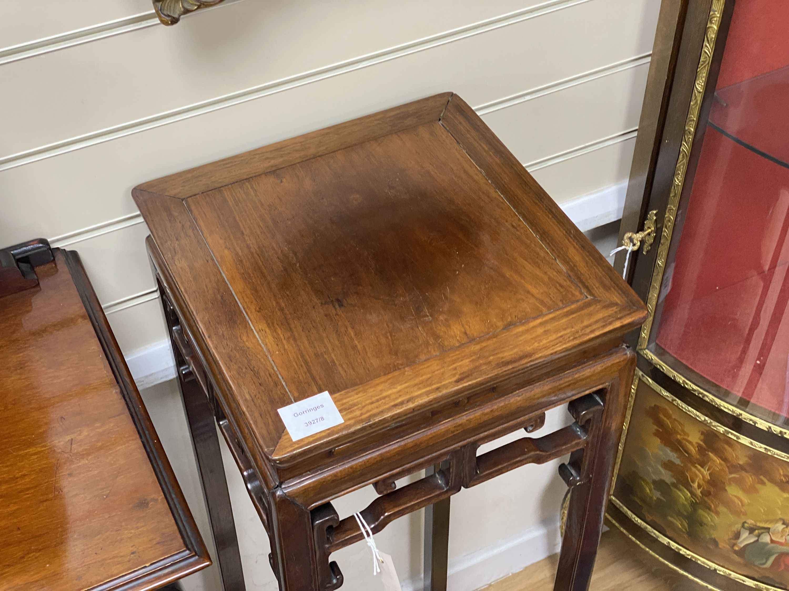 A Chinese carved hardwood vase stand, width 32cm, depth 33cm, height 110cm